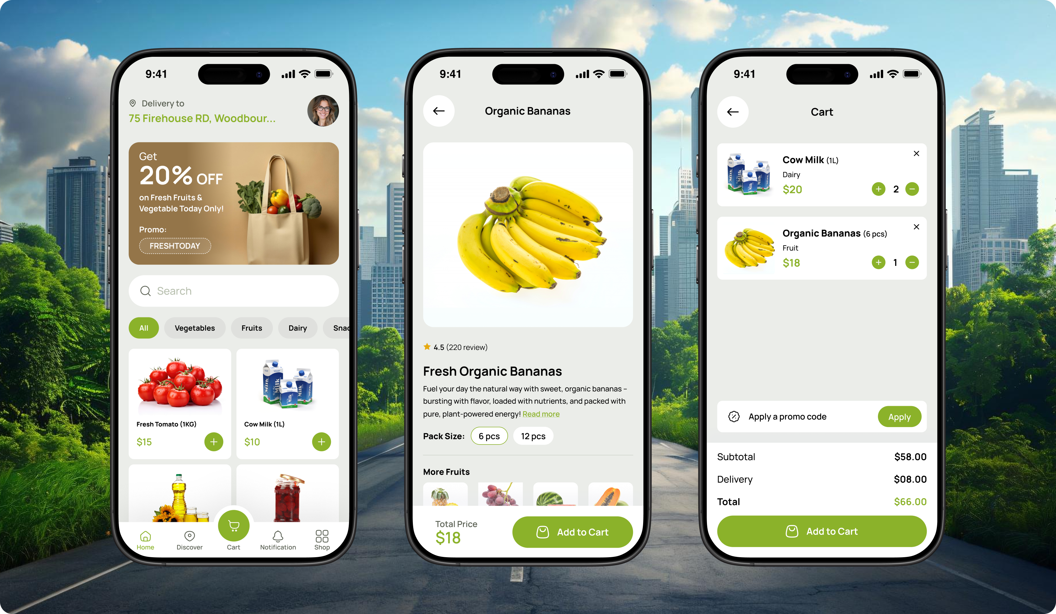 Modern UI/UX interface for Plenty's grocery delivery app.